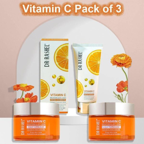 Pack Of 3 Dr Rashel Vitamin C – Day & Night Cream + Facial Cleanser With Hyaluronic Acid