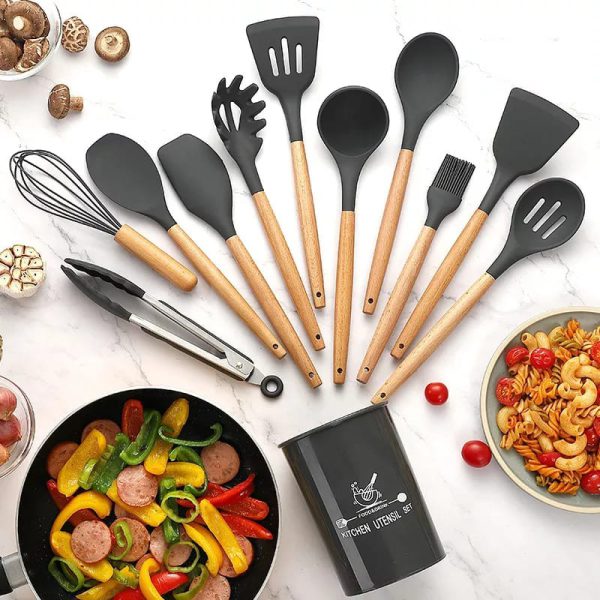 12 Pcs Set Wooden Handle Silicone Kitchen Utensils